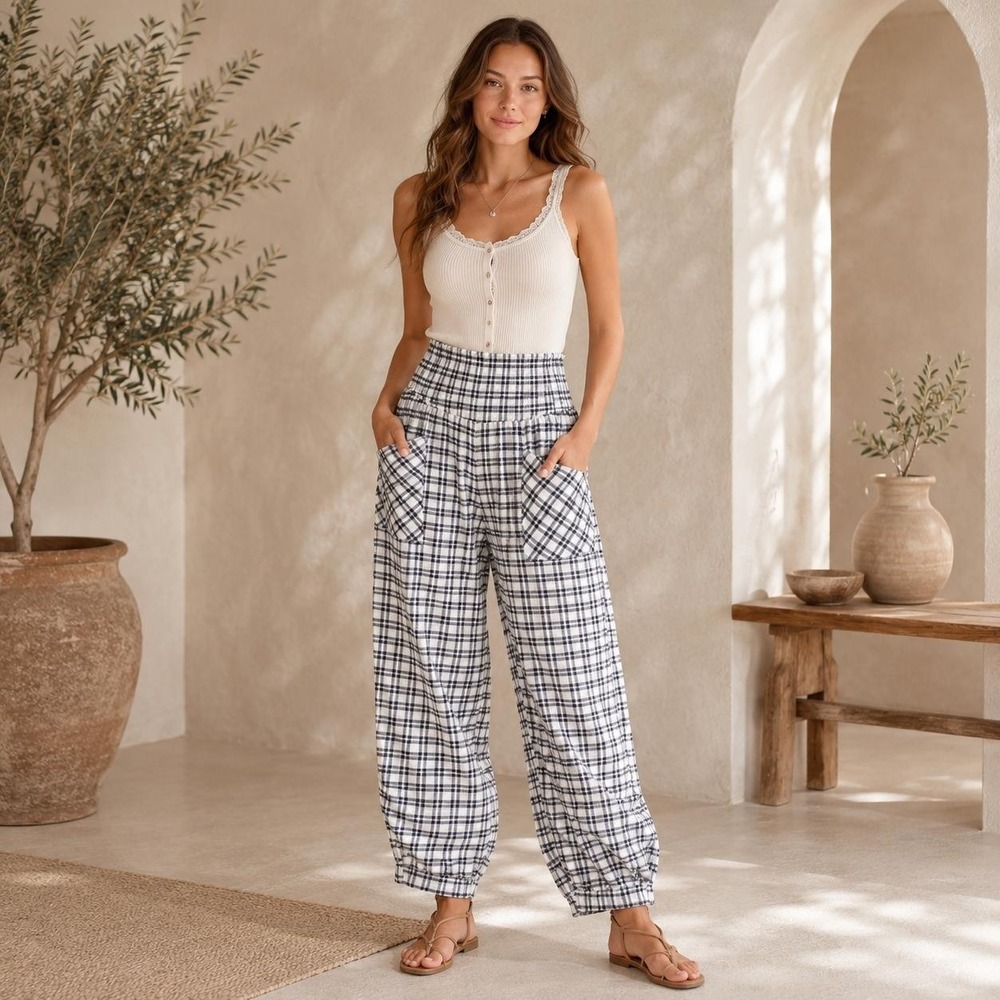 Free People Black & White Plaid Cargo Joggers